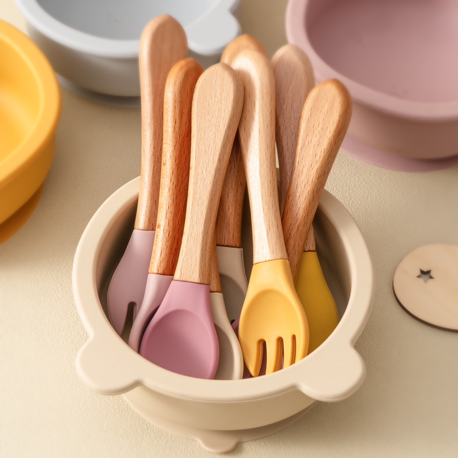 Baby Food Feeder - Mamaplan Silicone Baby Spoon Fork Wooden